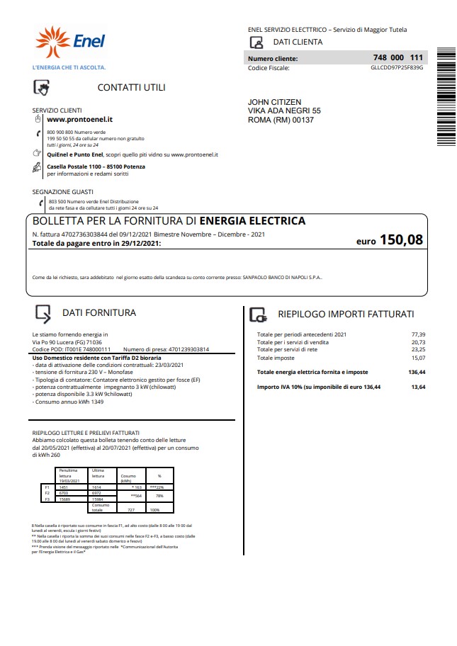Italy Enel electricity utility bill template in Word and PDF format